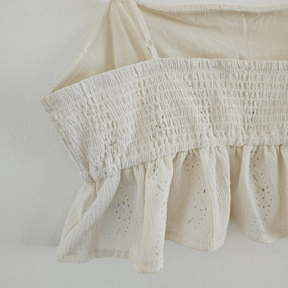 Ardene Crop Top L Womens Cream Eyelet Peplum Cottage Coastal Coquette Boho Beach - Picture 5 of 9